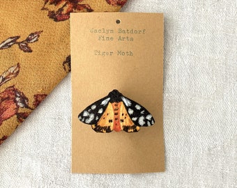 Painted tiger moth brooch | Handmade orange moth pin | Wooden insect jewelry