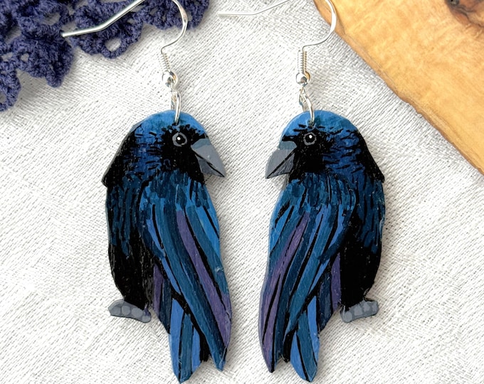 Hand-Painted Wooden Raven/Crow Earrings