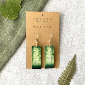 Painted green forest earrings | Handmade landscape jewelry | Wearable painting gift