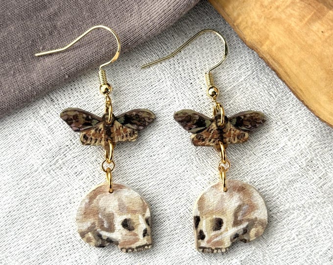 Painted Wooden Moth and Skull Dangle Earrings