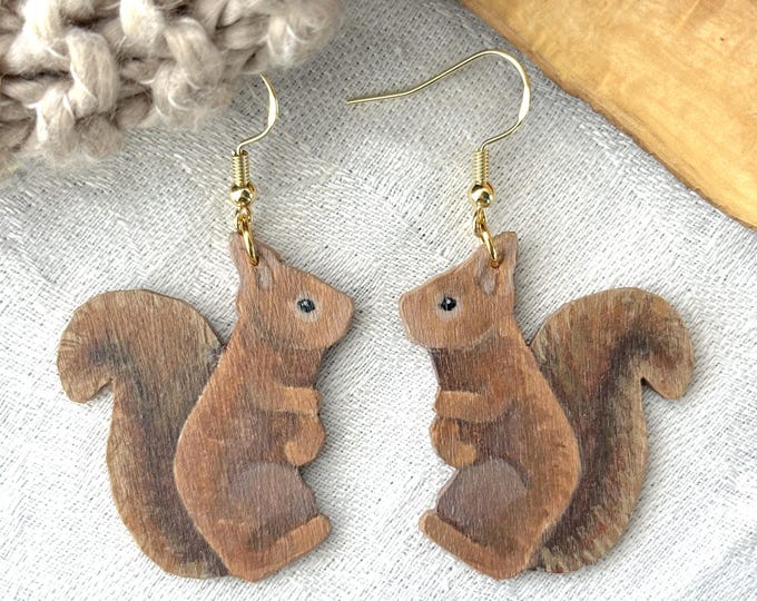 Painted Wooden Red Squirrel Cottagecore Dangle Earrings