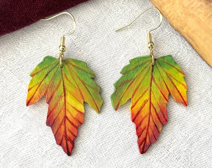 Painted Wooden Colorful Fall Maple Leaf Dangle Earrings