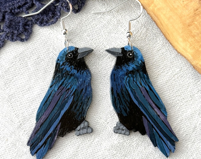 Painted Wooden Raven Lightweight Dangle Earrings