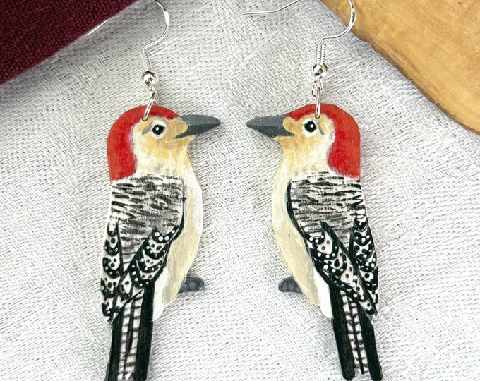 Painted Wooden Woodpecker Lightweight Dangle Earrings