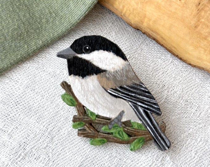 Painted Wooden Chickadee Bird Brooch Pin