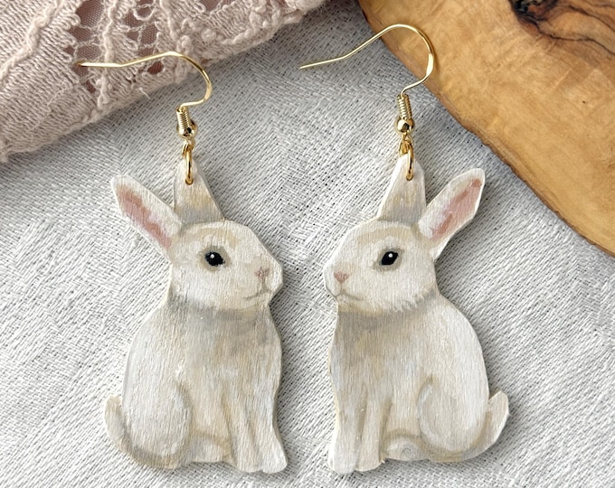 Painted Wooden White Rabbit Dangle Earrings