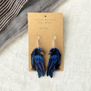 Painted raven earrings | Crow statement earrings | Hypoallergenic sterling silver