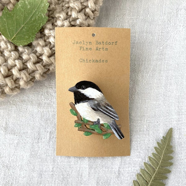 Painted chickadee brooch | Handmade bird pin | Unique jewelry gift