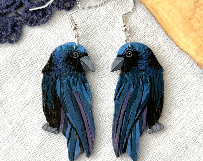 Hand-Painted Wooden Raven/Crow Earrings