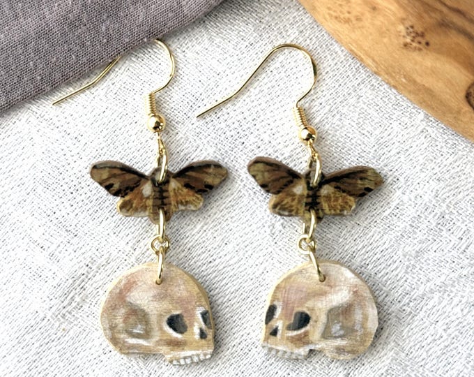 Painted Wooden Moth and Skull Dangle Earrings