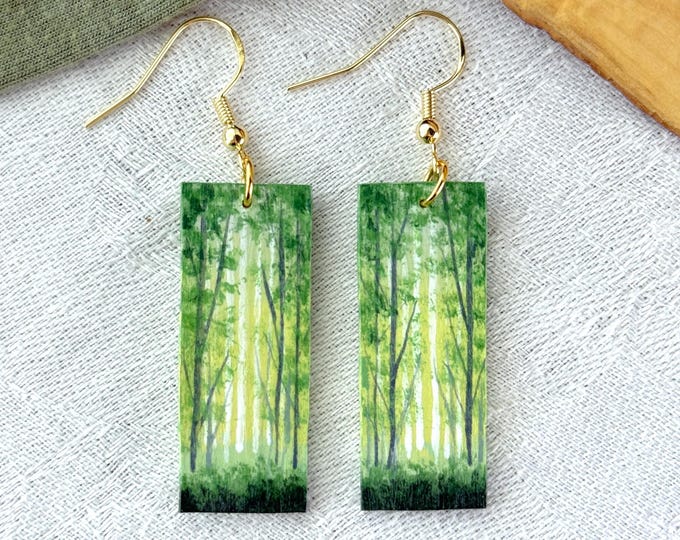 Painted Wooden Green Forest Dangle Earrings