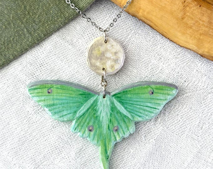 Painted Wooden Luna Moth and Full Moon Pendant Necklace