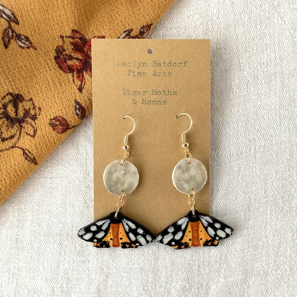 Handmade moth & moon earrings | Witchy painted jewelry | Wooden butterfly accessory