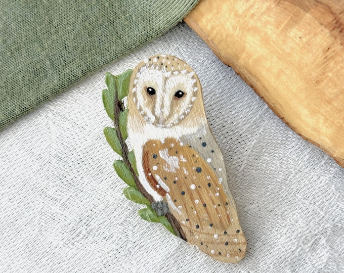 Painted Wooden Barn Owl Brooch Pin