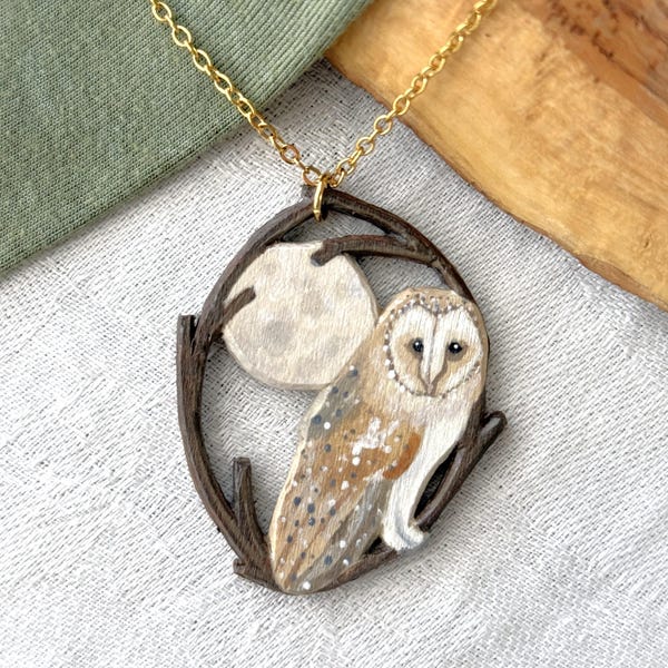 Painted Wooden Barn Owl and Full Moon Necklace