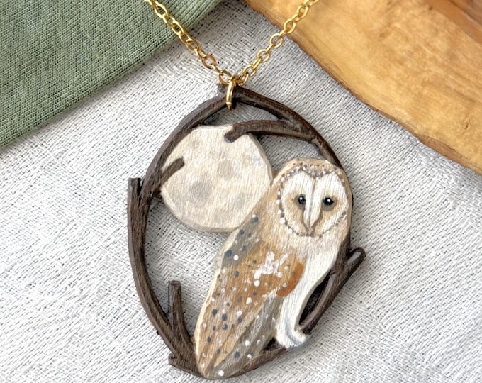 Painted Wooden Barn Owl and Full Moon Necklace