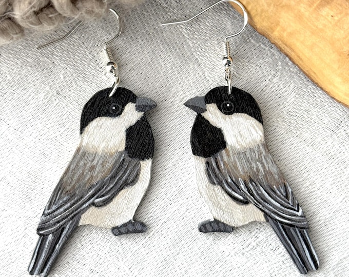 Painted Wooden Chickadee Dangle Earrings