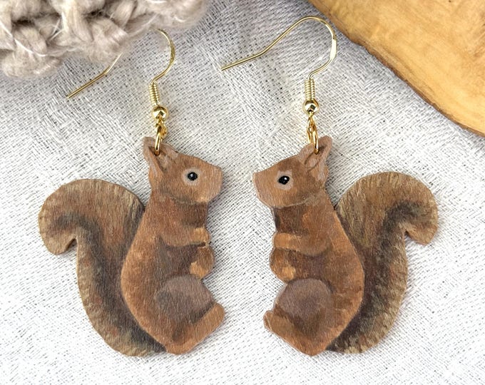 Painted Wooden Red Squirrel Cottagecore Dangle Earrings