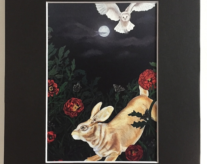 Rabbit and Owl Painting Giclee Art Print with Optional Black Matting