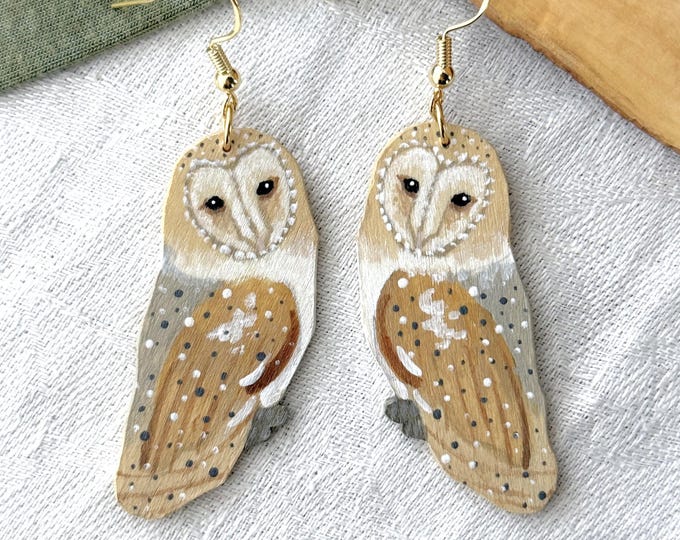 Painted Wooden Barn Owl Dangle Earrings