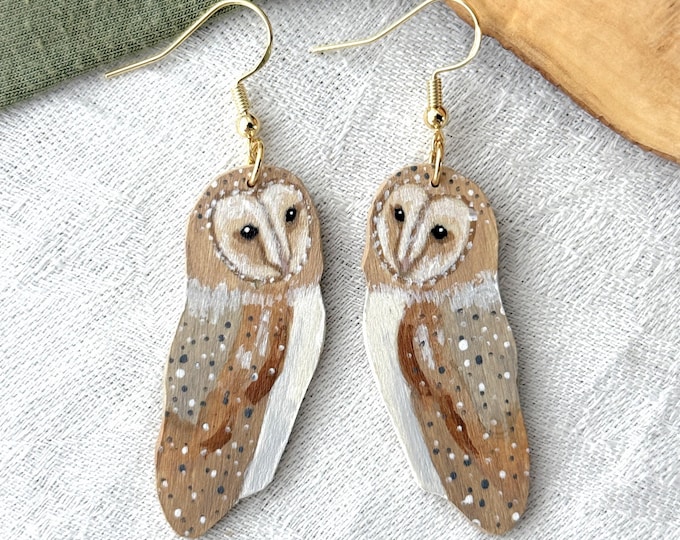 Hand-Painted Wooden Barn Owl Earrings