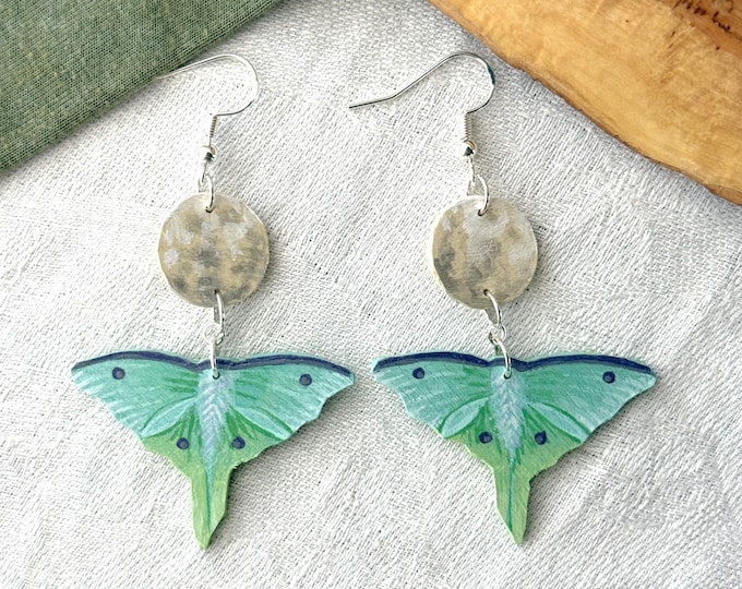 Painted Wooden Luna Moth and Full Moon Dangle Earrings