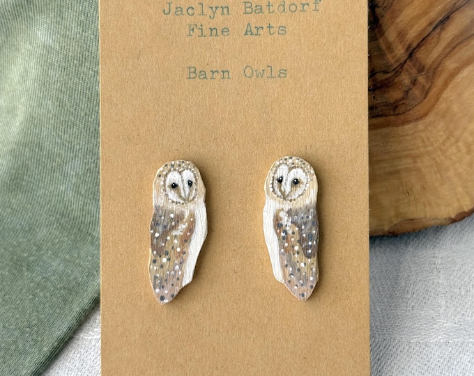 Painted Wooden Barn Owl Stud Earrings