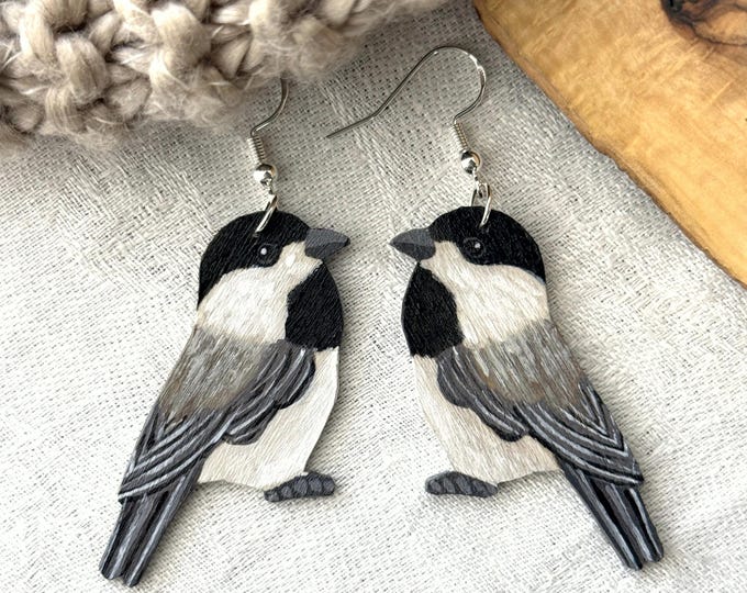 Painted Wooden Chickadee Dangle Earrings