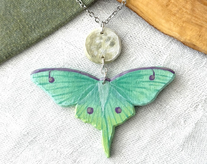 Painted Wooden Luna Moth and Full Moon Pendant Necklace