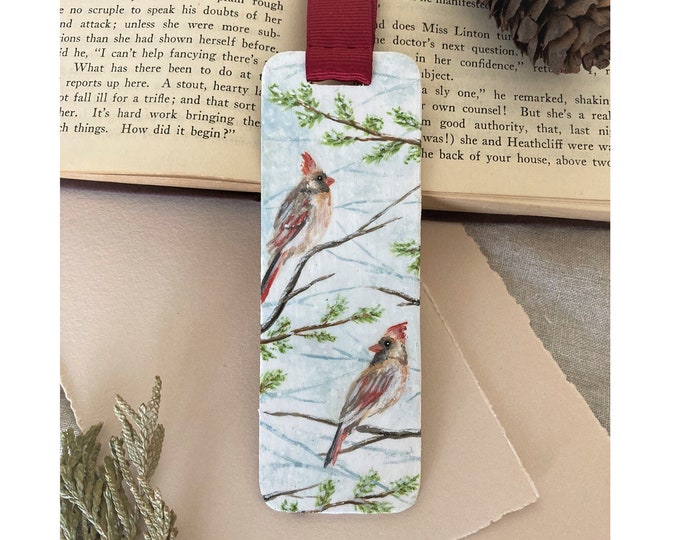 Painted Wooden Cardinals on Snowy Branches Bookmark with Red Ribbon