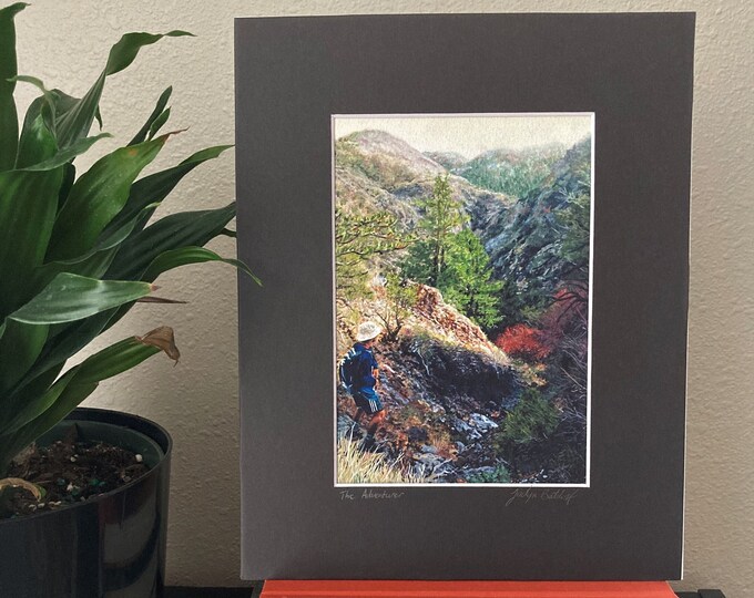 Hiker in the Mountains Landscape Painting Giclee Art Print with Black matting