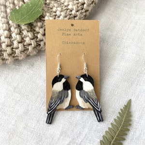 Painted chickadee earrings | Bird painting jewelry | Handmade wood earrings