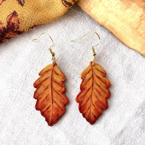 Painted Wooden Autumn Oak Leaf Dangle Earrings