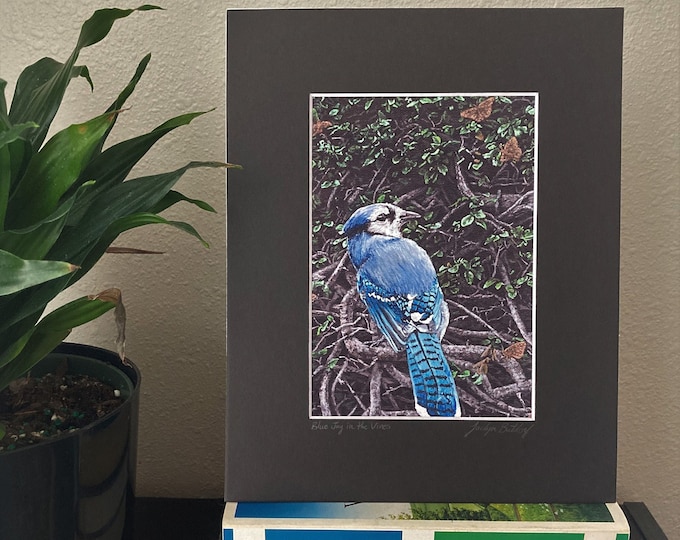 Blue Jay in Leafy Branches Painting Giclee Art Print with Black Matting