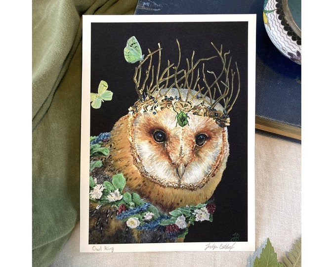 Fantasy Owl King Painting Giclee Art Print with Optional Black Matting