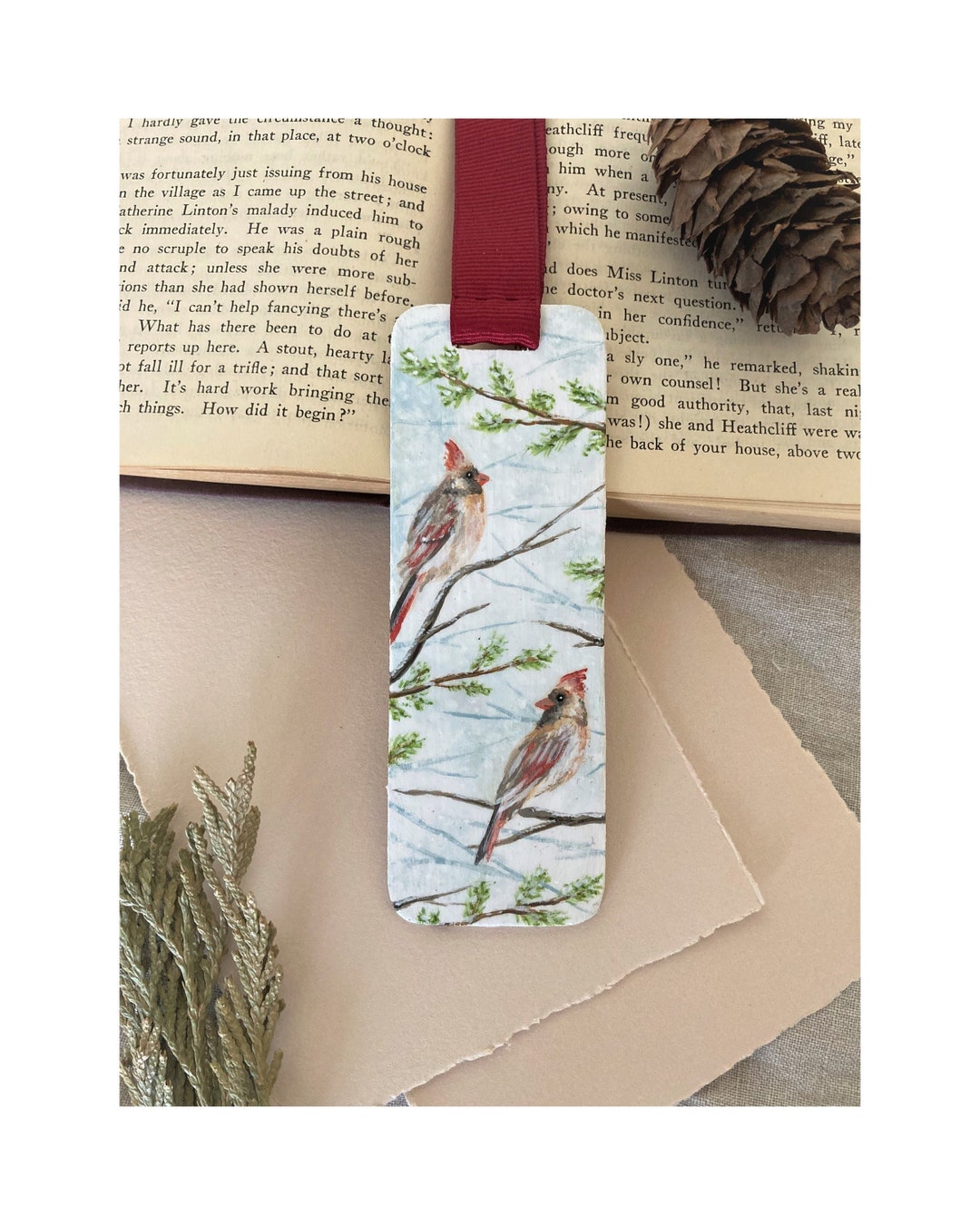 Painted Cardinal Bookmark | Handmade Winter Book Accessory | Miniature ...