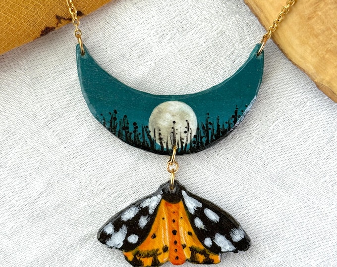 Painted Wooden Witchy Tiger Moth and Full Moon Scene Necklace