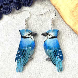 Painted blue jay earrings | Handmade wooden bird earrings | Cute animal jewelry