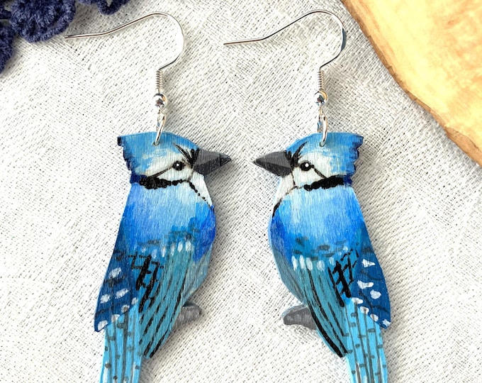 Painted Wooden Blue Jay Lightweight Dangle Earrings