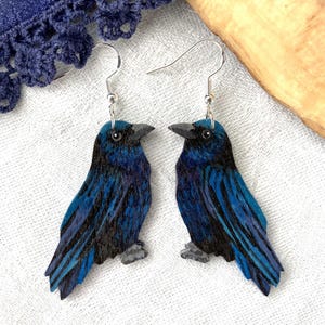 Painted Wooden Raven Lightweight Dangle Earrings