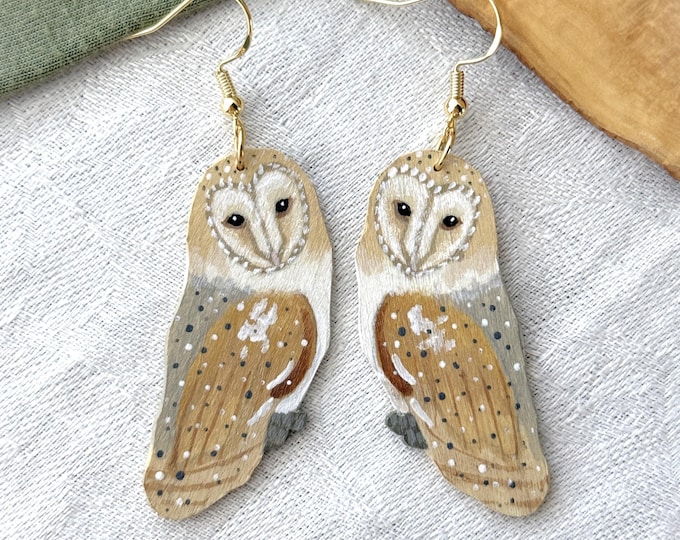 Painted Wooden Barn Owl Dangle Earrings