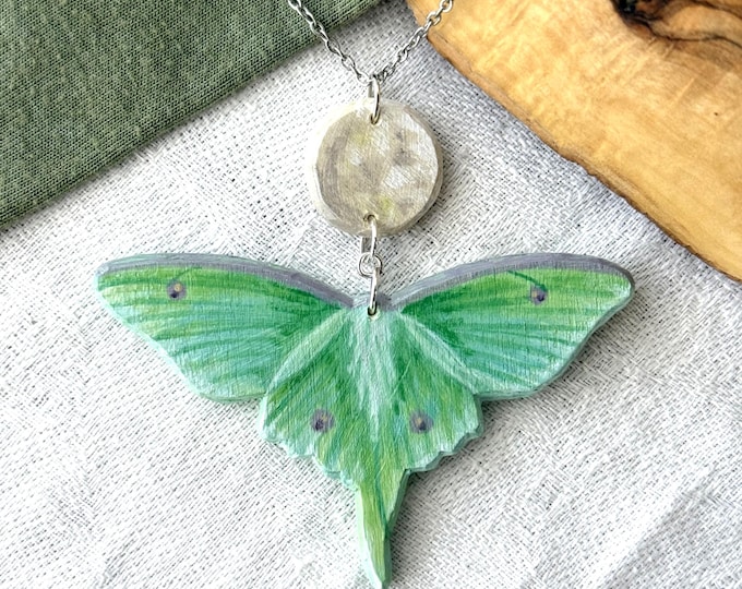 Painted Wooden Luna Moth and Full Moon Pendant Necklace