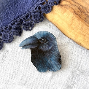 Painted Wooden Raven Crow Head Brooch