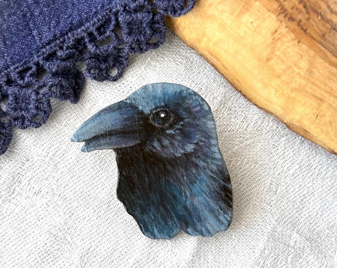 Handmade raven brooch | Painted crow pin | Black bird jewelry