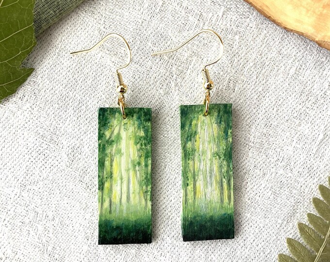 Painted green forest earrings | Handmade landscape jewelry | Wearable painting gift