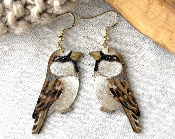 Painted Wooden Sparrow Lightweight Dangle Earrings