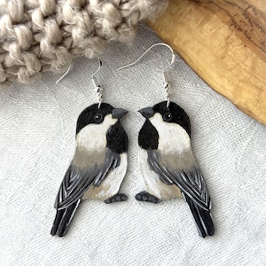 Painted Wooden Chickadee Dangle Earrings