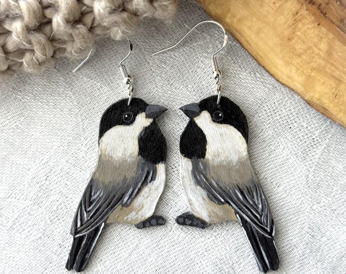 Painted chickadee earrings | Bird painting jewelry | Handmade wood earrings