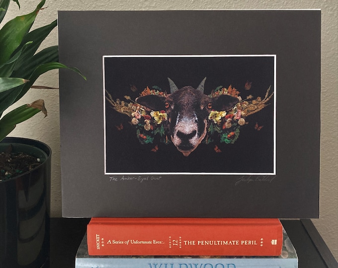 Goat with Dried Flowers and Monarch Butterflies Painting Giclee Art Print with Black Matting