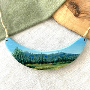 Painted Wooden Pacific Northwest Landscape Bib Necklace